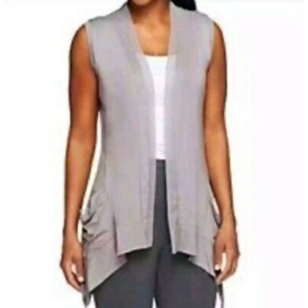 Logo by Lori Goldstein gray asymmetrical slouch pocket chiffon trim drapey vest